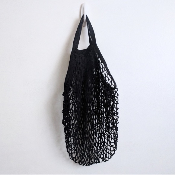 🆕 Black Cotton Net French Market Bag - Picture 2 of 4
